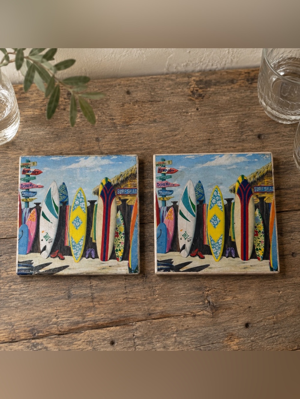 Vintage Ceramic Surfboard Coasters Beach Tiki Coastal Home Decor 2pc